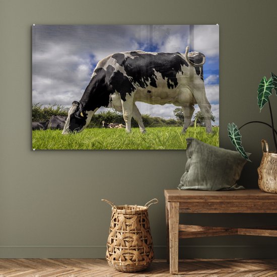 Une vache frisonne avec des nuages sombres au-dessus Plexiglas 120x80 cm - Tirage photo sur Glas (décoration murale en plexiglas)