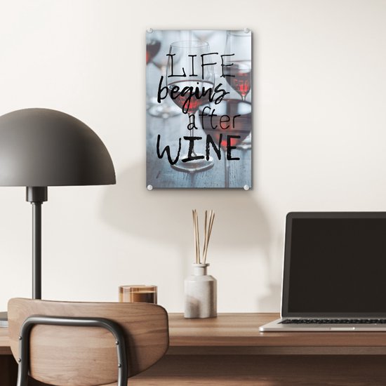 Peinture sur verre - Citation sur le Vin ' La Life commence après le vin' avec des verres à vin - 20x30 cm - Peintures sur Verre Peintures - Photo sur Glas