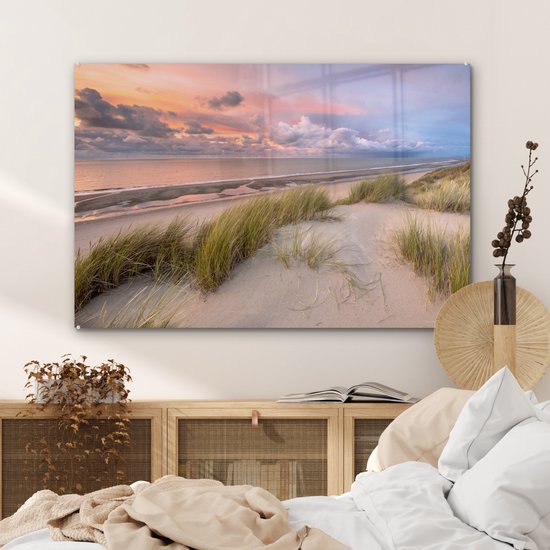 Peinture sur verre - Plage - Mer - Dune - Nederland - Rose - 120x80 cm - Peintures en plexiglas
