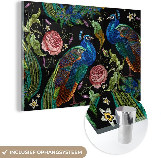 Peinture sur Verre - Broderie - Paon - Fleurs - 30x20 cm - Peintures sur Verre Peintures - Photo sur Glas