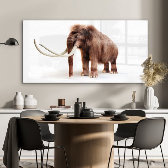 ® Glasschilderij 120x60 cm - Schilderij acrylglas - Illustratie van een Mammoet tegen een witte achtergrond - Foto op glas - Muurdecoratie woonkamer - Wanddecoratie slaapkamer - Schilderijen