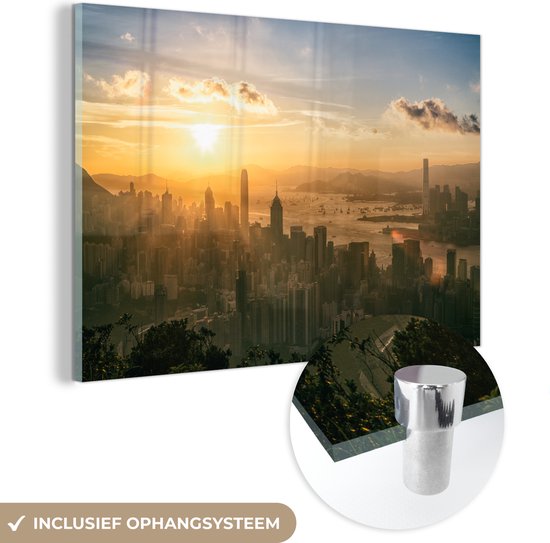 MuchoWow® Glasschilderij 90x60 cm - Schilderij acrylglas - Hong Kong zonsondergang - Foto op glas - Schilderijen