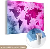 MuchoWow® Glasschilderij 150x100 cm - Schilderij acrylglas - Wereldkaart - Blauw - Roze - Foto op glas - Schilderijen