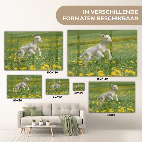 MuchoWow® Peinture sur verre 60x40 cm - Peinture sur verre acrylique - Moutons - Fleurs - Jaune - Photo sur verre - Peintures
