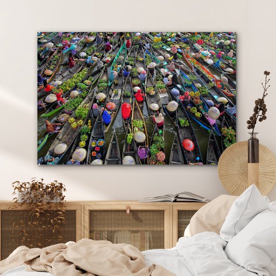 Peinture sur Verre - Marché Flottant en Indonésie - 120x80 cm - Peintures Plexiglas