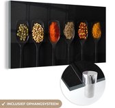 MuchoWow® Glasschilderij 120x60 cm - Schilderij acrylglas - Lepels - Specerijen - Zwart - Kruiden - Rustiek - Foto op glas - Schilderijen