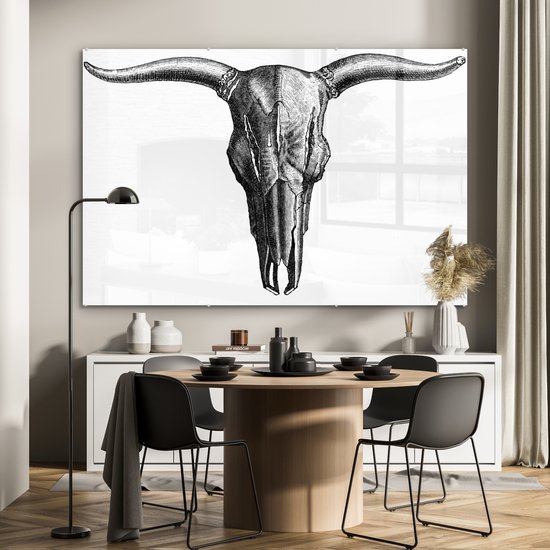 MuchoWow® Glasschilderij 180x120 cm - Schilderij acrylglas - Stier - Schedel - Wit - Foto op glas - Schilderijen