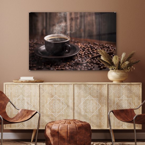 MuchoWow® Peinture sur Verre - Café - Chaud - Grains de café - 90x60 cm - Peintures sur Verre Acrylique - Photo sur Glas
