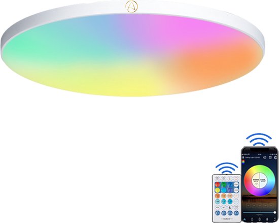 Arvona LED Plafondlamp BTM met Bluetooth speaker - Ø 40cm - Wekker en Nachtlamp - Plafonniere - Verlichting kinderkamer, slaapkamer, woonkamer - Plafond lamp kinderen, baby, jongen, meisje - RGB Kinderlamp - Smart lamp met afstandsbediening