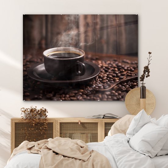 MuchoWow® Peinture sur verre 120x90 cm - Peinture sur verre acrylique - Café - Chaud - Grains de café - Photo sur verre - Peintures