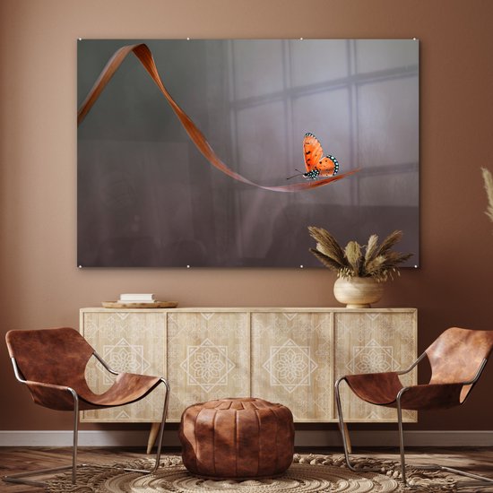 MuchoWow® Peinture sur verre 150x100 cm - Peinture sur verre acrylique - Insecte - Oranje - Feuille - Photo sur verre - Peintures