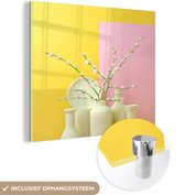 MuchoWow® Glasschilderij 50x50 cm - Schilderij acrylglas - Neppe kersenbloesem op gekleurde achtergrond - Foto op glas - Schilderijen
