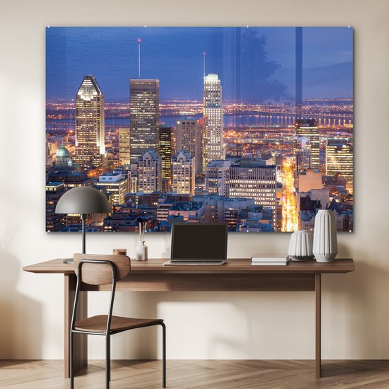® Glasschilderij 150x100 cm - Schilderij acrylglas - Stadsgezicht Montreal tijdens de nacht in Canada - Foto op glas - Muurdecoratie woonkamer - Wanddecoratie slaapkamer - Schilderijen