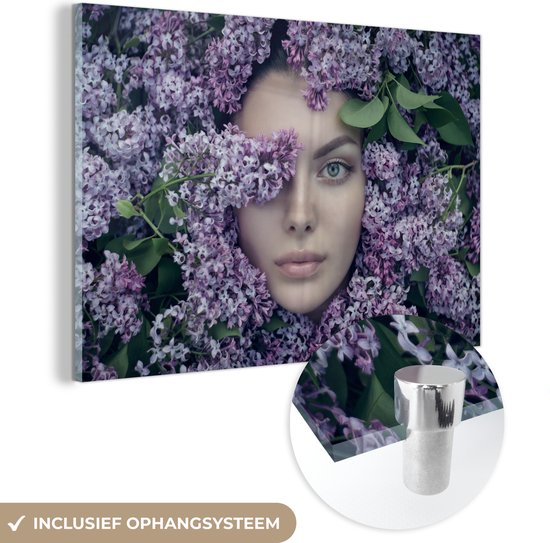 ® Glasschilderij 120x80 cm - Schilderij acrylglas - Vrouwen - Bloemen - Paars - Foto op glas - Muurdecoratie woonkamer - Wanddecoratie slaapkamer - Schilderijen