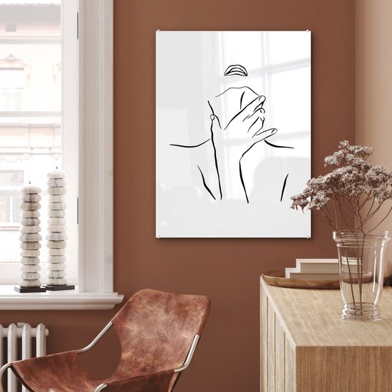 MuchoWow® Glasschilderij 60x80 cm - Schilderij acrylglas - Abstracte line art van een vrouw met een hand op haar nek - Foto op glas - Schilderijen