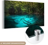 MuchoWow® Glasschilderij 120x60 cm - Schilderij acrylglas - Helderblauw meer in de jungle - Foto op glas - Schilderijen