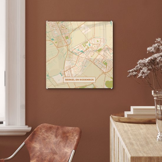 Peinture sur Verre - Carte de la Ville - Berkel en Rodenrijs - Vintage - 50x50 cm - Peintures sur Verre Peintures - Photo sur Glas