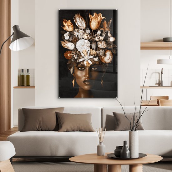 Peintures sur verre - Femme - Fleurs - Zwart - 60x90 cm - Peintures Plexiglas