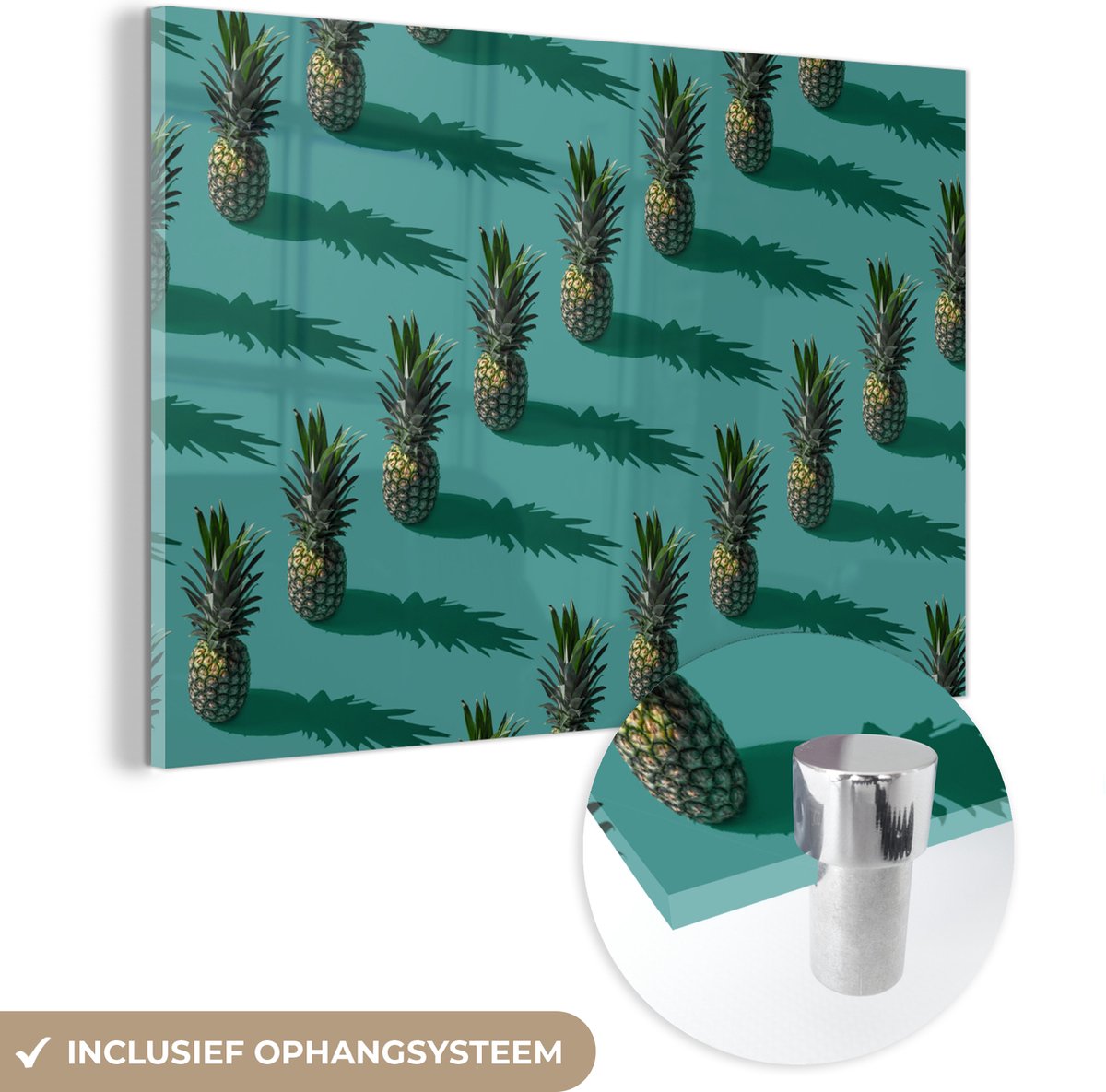 ® Glasschilderij 150x100 cm - Schilderij acrylglas - Zomer - Ananas - Blauw - Foto op glas - Muurdecoratie woonkamer - Wanddecoratie slaapkamer - Schilderijen