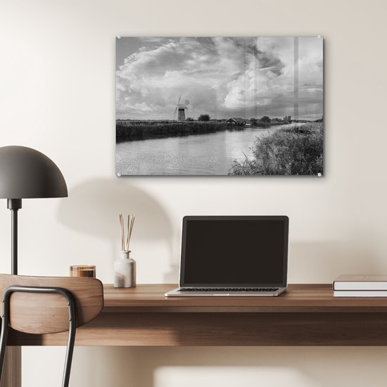 MuchoWow® Peinture sur verre 60x40 cm - Peinture sur verre acrylique - Lever de soleil au parc national des Broads en Angleterre en noir et blanc - Photo sur verre - Peintures