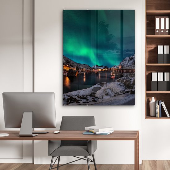 MuchoWow® Peinture sur verre 90x120 cm - Peinture sur verre acrylique - Aurores boréales - Islande - Neige - Village - Vert - Montagnes - Photo sur verre - Peintures