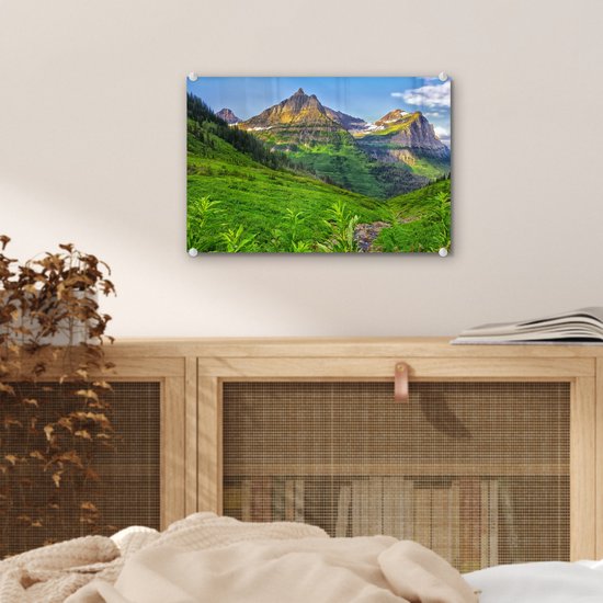 MuchoWow® Peinture sur verre 30x20 cm - Peinture sur verre acrylique - Montagnes de couleur verte dans le parc national américain des Glaciers - Photo sur verre - Peintures