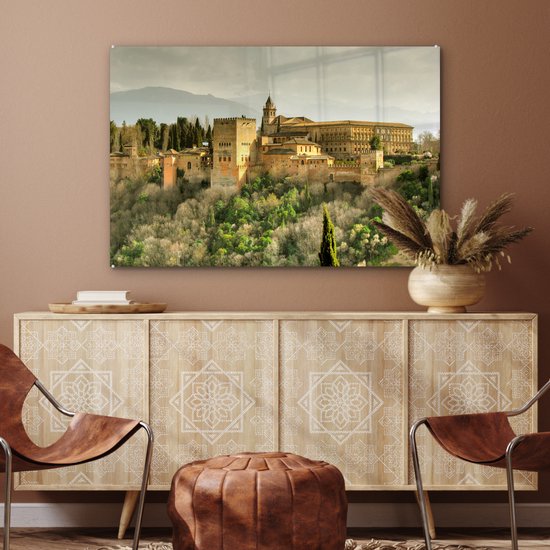 MuchoWow® Glasschilderij 120x80 cm - Schilderij acrylglas - Uitzicht op het Alhambra vanaf de Mirador de San Nicolás in de Albaycin Granada - Foto op glas - Schilderijen - MuchoWow