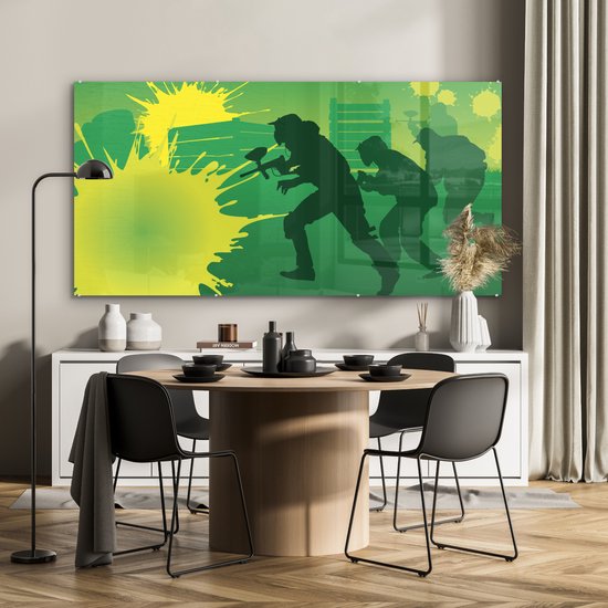 MuchoWow® Peinture sur Verre - Une Illustration Verte de Paintball sur un Terrain - 160x80 cm - Peintures sur Verre Peintures - Photo sur Glas