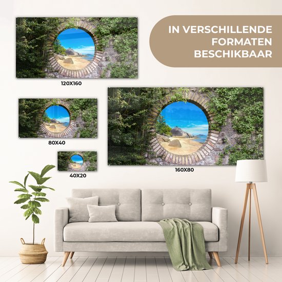 MuchoWow® Glasschilderij 160x80 cm - Schilderij acrylglas - Zomer - Strand - Doorkijk - Tropical - Foto op glas - Muurdecoratie woonkamer - Wanddecoratie slaapkamer - Schilderijen
