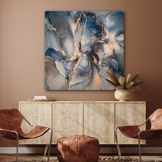 MuchoWow® Peinture sur Verre - Marbre - Grijs - Blauw - Luxe - Or - 90x90 cm - Peintures sur Verre Acrylique - Photo sur Glas