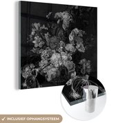 MuchoWow® Glasschilderij 90x90 cm - Schilderij acrylglas - Stilleven met bloemen - Schilderij van Cornelia van der Mijn - zwart wit - Foto op glas - Schilderijen