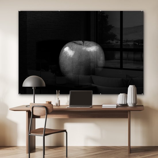MuchoWow® Peinture sur verre 180x120 cm - Peinture sur verre acrylique - Pomme - noir et blanc - Photo sur verre - Peintures