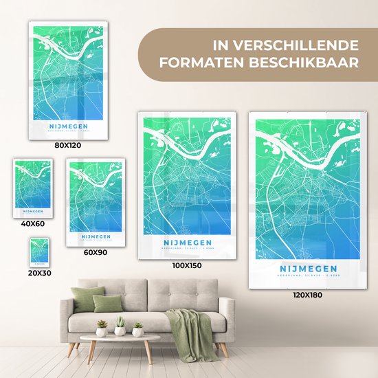 MuchoWow® Glasschilderij 100x150 cm - Schilderij acrylglas - Stadskaart - Nijmegen - Blauw - Groen - Foto op glas - Schilderijen - Plattegrond