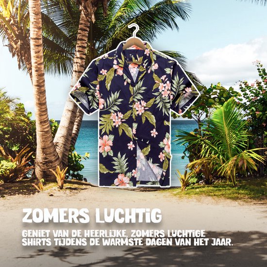 Hawaii Blouse Mannen - Shirt - Hemd - 100% Katoen - Overhemd Heren Korte Mouw - Made in Hawaii "Hibiscus Blauw" Maat S