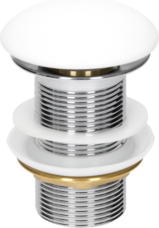 Garniture de vidage en chrome et blanc pour lavabo, avec bouchon pop-up blanc.