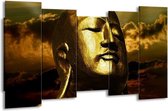 GroepArt - Canvas Schilderij - Boeddha - Goud, Grijs, Zwart - 150x80cm 5Luik- Groot Collectie Schilderijen Op Canvas En Wanddecoraties