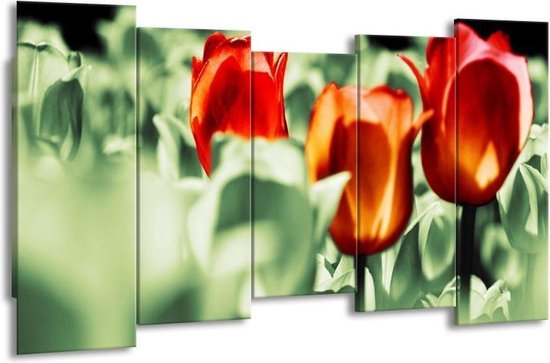 GroepArt - Canvas Schilderij - Tulp - Rood, Oranje, Groen - 150x80cm 5Luik- Groot Collectie Schilderijen Op Canvas En Wanddecoraties