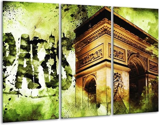 GroepArt - Schilderij -  Parijs - Bruin, Groen, Wit - 120x80cm 3Luik - 6000+ Schilderijen 0p Canvas Art Collectie