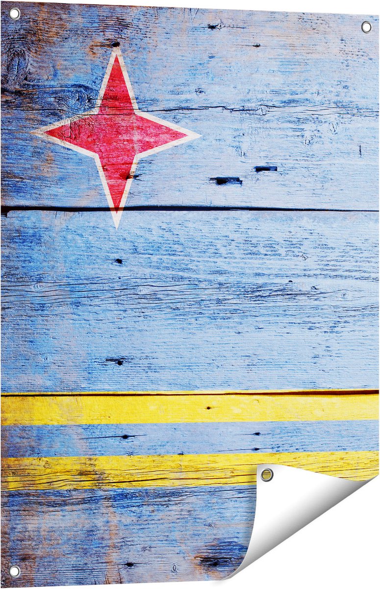 Gards Tuinposter Aruba Vlag op Hout - 60x80 cm - Tuindoek - Tuindecoratie - Wanddecoratie buiten - Tuinschilderij Multikleur