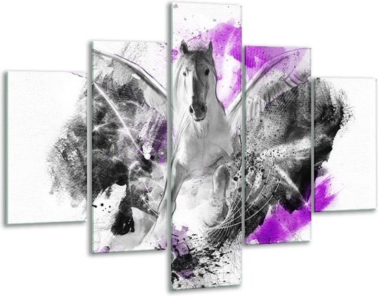 Glasschilderij -  Paard, Abstract - Paars, Grijs, Wit - 100x70cm 5Luik - Geen Acrylglas Schilderij - GroepArt 6000+ Glasschilderijen Collectie - Wanddecoratie- Foto Op Glas