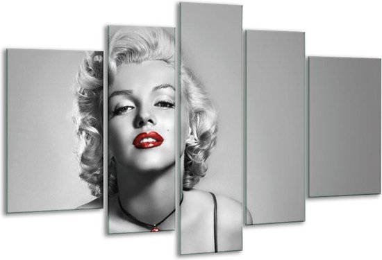 Glasschilderij Marilyn Monroe, Muziek - Grijs, Zwart, Rood - 170x100cm 5Luik - Foto Op Glas - Geen Acrylglas Schilderij - 6000+ Glasschilderijen Collectie - Wanddecoratie
