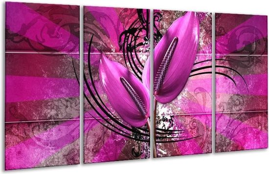 GroepArt - Glasschilderij - Anthurium - Paars - 160x80cm 4Luik - Foto Op Glas - Geen Acrylglas Schilderij - 6000+ Glasschilderijen Collectie - Wanddecoratie