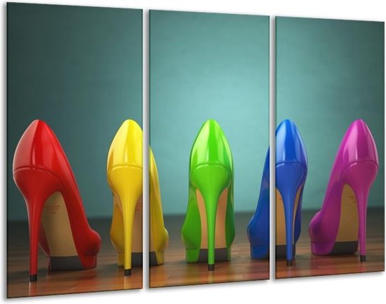 Glasschilderij Schoenen, Vrouw - Groen, Blauw, Rood - 120x80cm 3Luik - Foto Op Glas - Geen Acrylglas Schilderij - GroepArt 6000+ Glas Art Collectie - Maatwerk Mogelijk