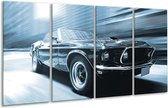 GroepArt - Glasschilderij - Auto, Mustang - Blauw, Wit - 160x80cm 4Luik - Foto Op Glas - Geen Acrylglas Schilderij - 6000+ Glasschilderijen Collectie - Wanddecoratie