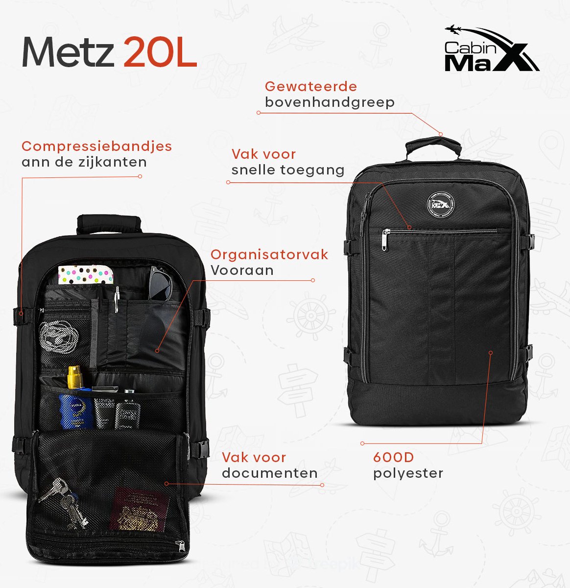 CabinMax Metz Reistas – Handbagage 20L – Rugzak – Schooltas - 40x25x20 cm – Compact Backpack – Lichtgewicht – Zwart – foto 3