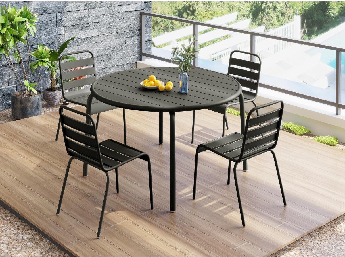 MYLIA Tuineethoek van metaal - Een tafel D110 cm en 4 opstapelbare stoelen - Donkergrijs - MIRMANDE L 110 cm x H 79 cm x D 110 cm