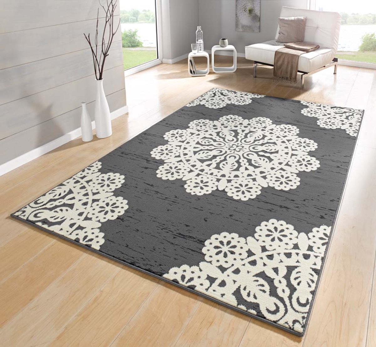 Modern vloerkleed Lace - grijs/crème 80x150 cm