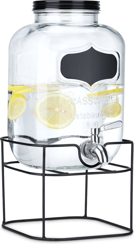Navaris glazen limonadetap met kraantje - 5L - Drankdispenser met zwarte metalen standaard - Sapdispenser - Voor koude dranken