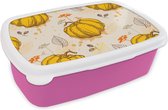 Broodtrommel Roze - Lunchbox - Brooddoos - Pompoen - Herfst - Patronen - 18x12x6 cm - Kinderen - Meisje