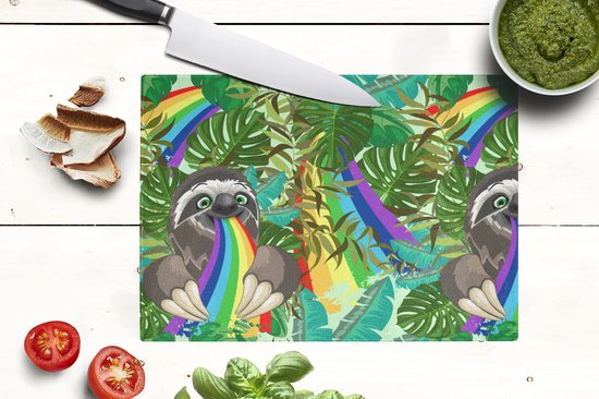 Planche à découper en Verres - 28x20 - Paresseux - Arc-en-ciel - Feuilles - Motifs - Planches à découper en Glas